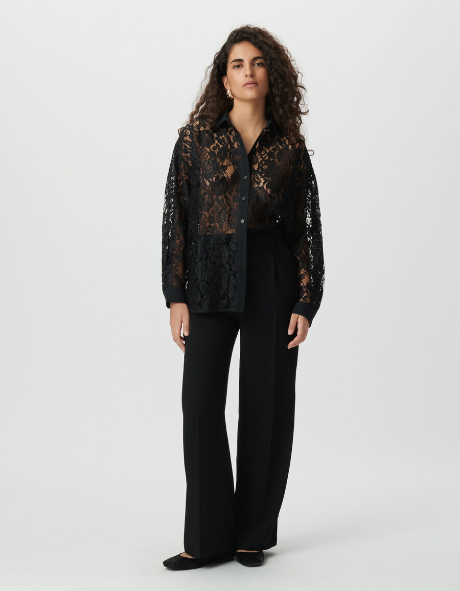 camicia oversize a maniche lunghe in pizzo nero da donna