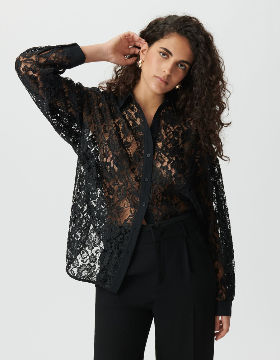 camicia oversize a maniche lunghe in pizzo nero da donna