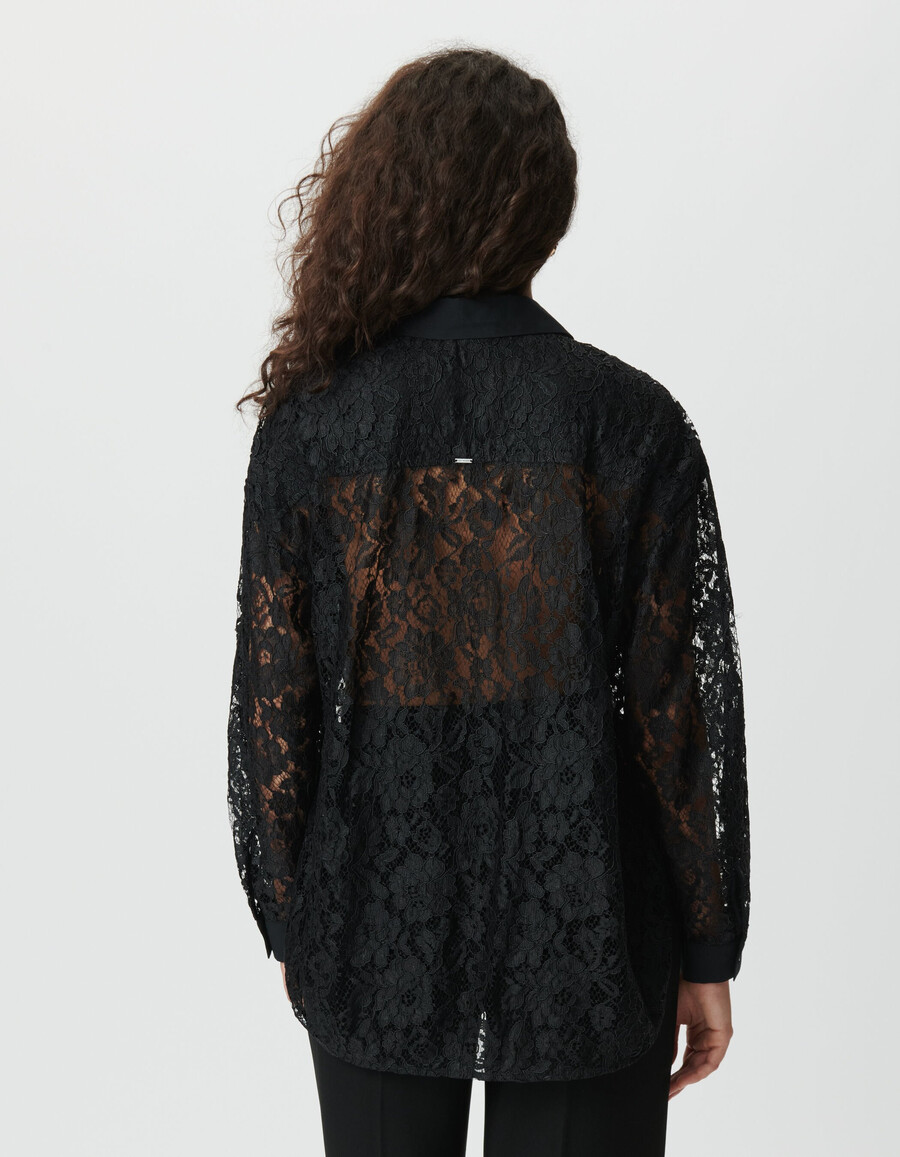 camicia oversize a maniche lunghe in pizzo nero da donna