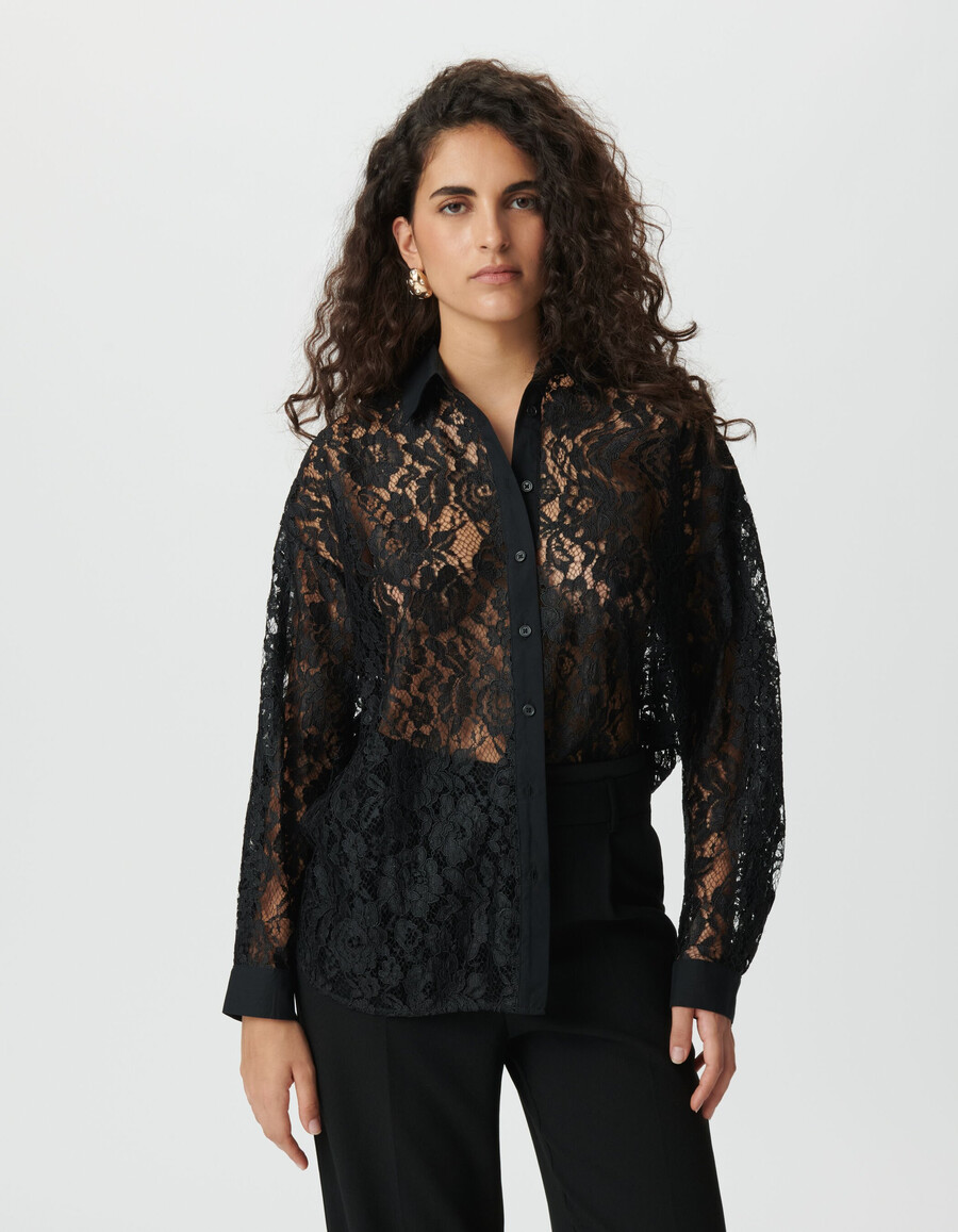 camicia oversize a maniche lunghe in pizzo nero da donna
