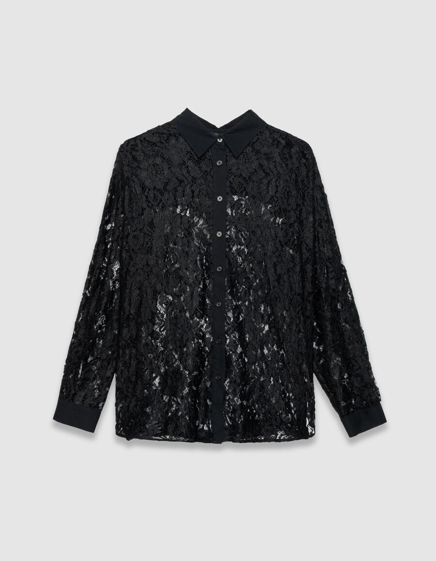 camicia oversize a maniche lunghe in pizzo nero da donna