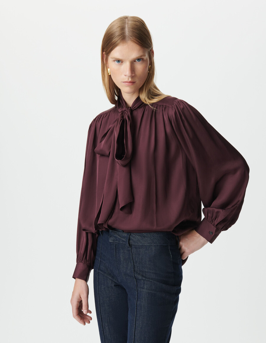 camicia da donna con cravatta in raso bordeaux