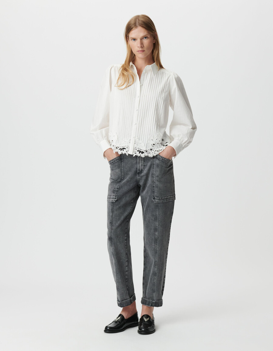 camicia a maniche lunghe in pizzo bianco da donna