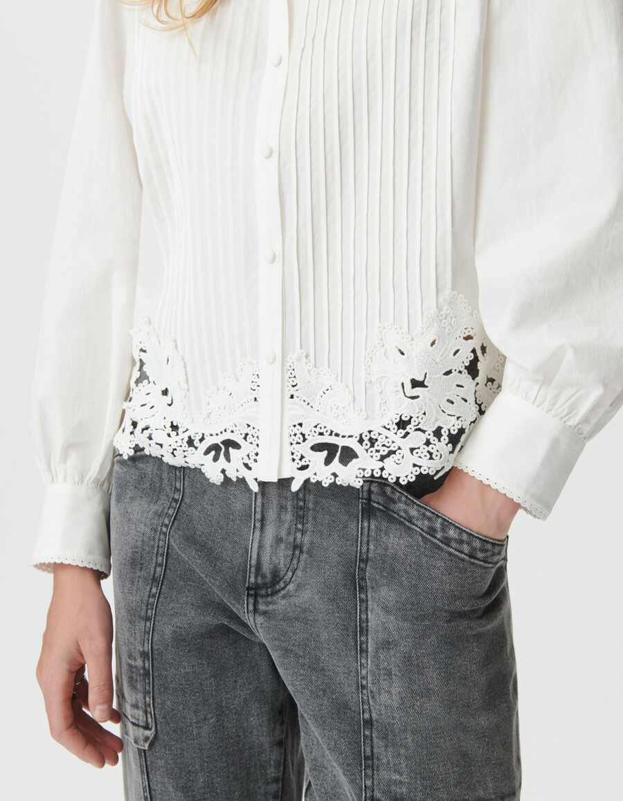 camicia a maniche lunghe in pizzo bianco da donna