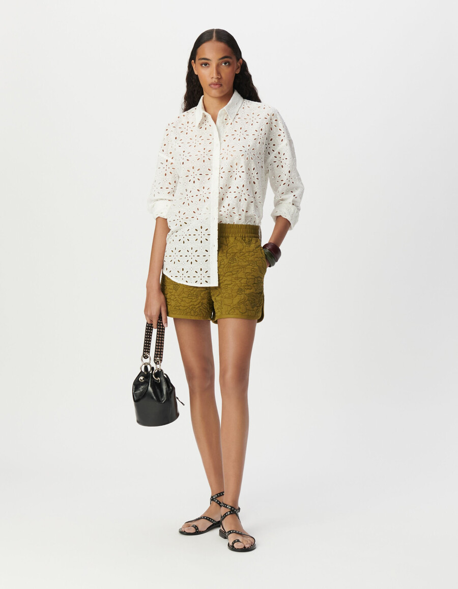 camicia a maniche lunghe con ricamo a occhielli bianchi da donna