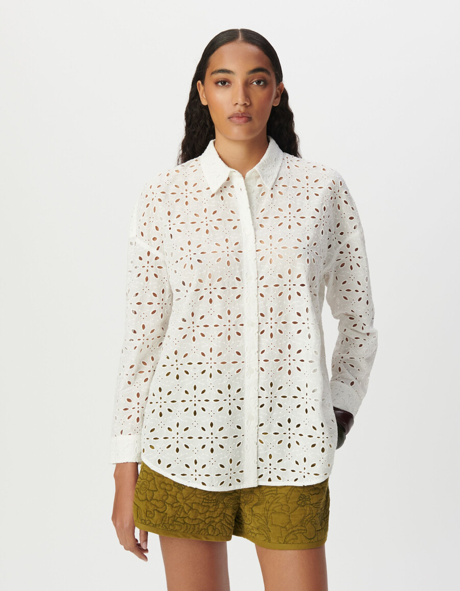 camicia a maniche lunghe con ricamo a occhielli bianchi da donna