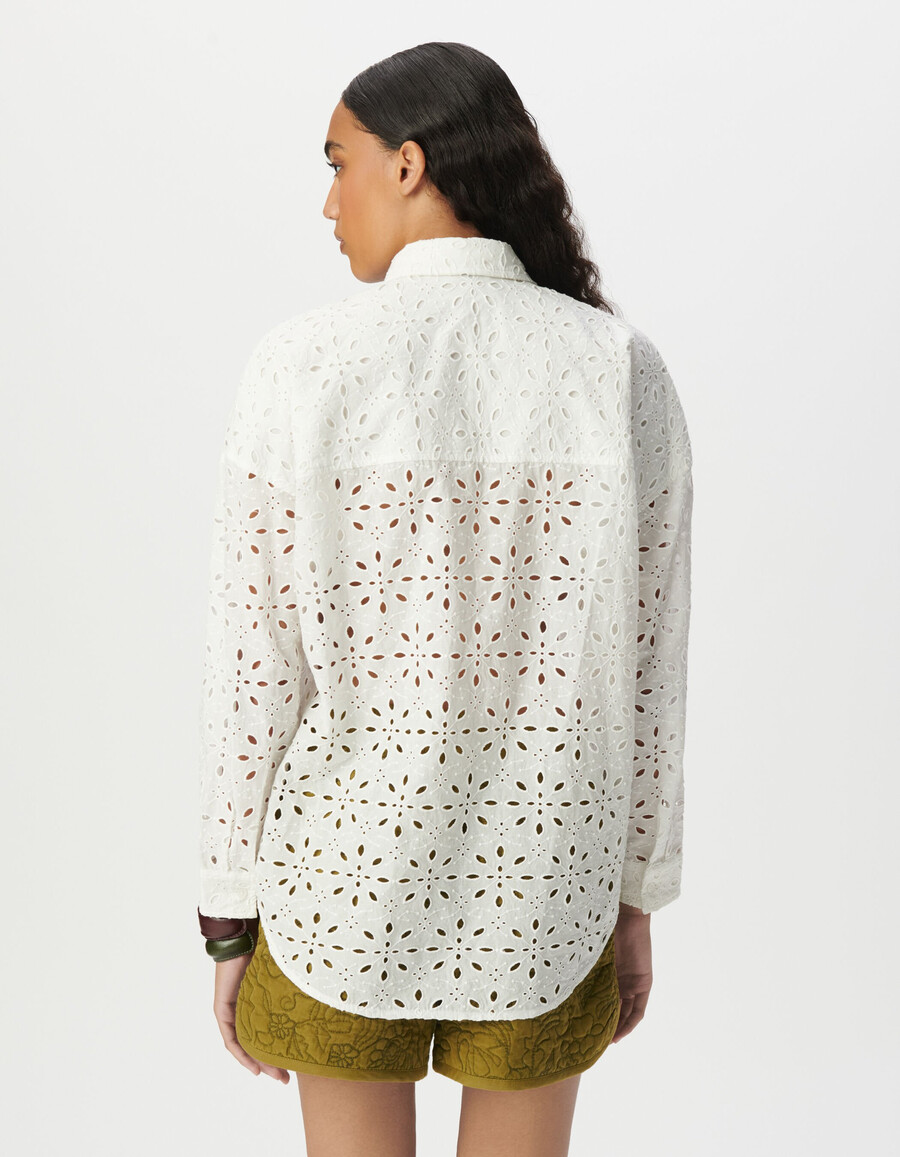camicia a maniche lunghe con ricamo a occhielli bianchi da donna