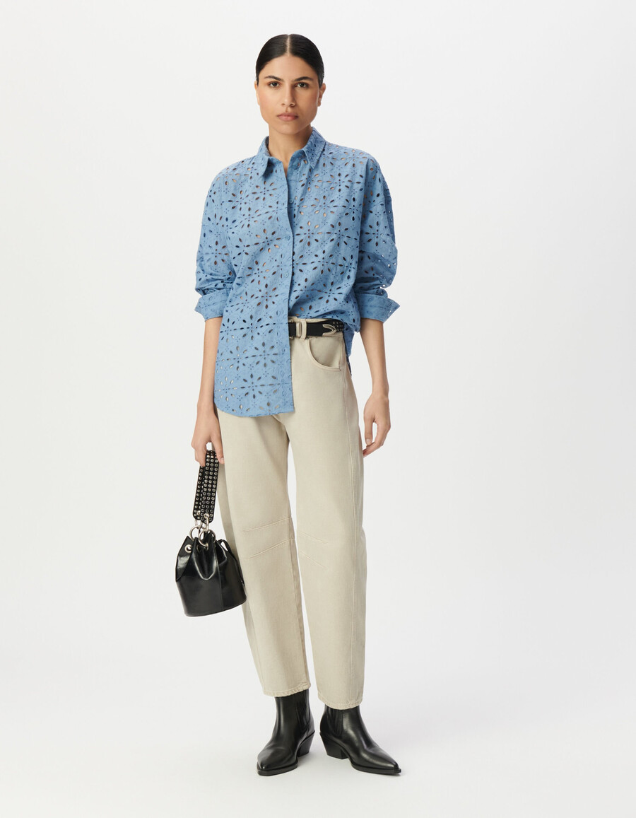 camicia a maniche lunghe con ricamo a occhielli blu da donna