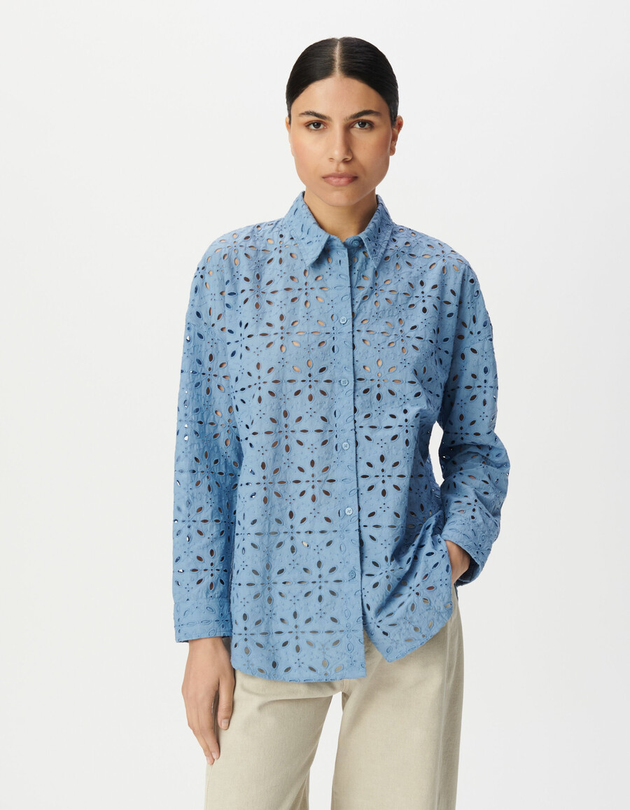 camicia a maniche lunghe con ricamo a occhielli blu da donna