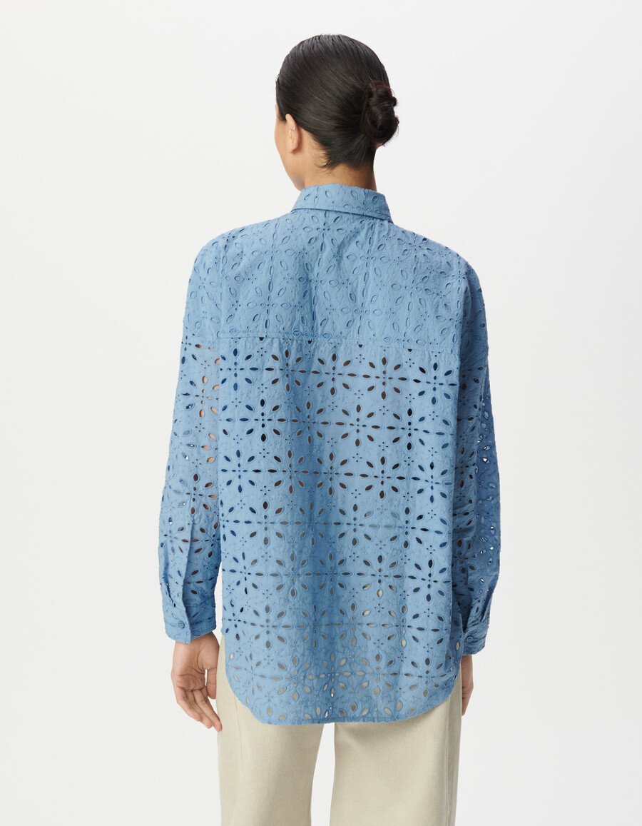 camicia a maniche lunghe con ricamo a occhielli blu da donna