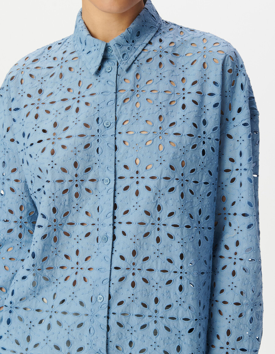 camicia a maniche lunghe con ricamo a occhielli blu da donna