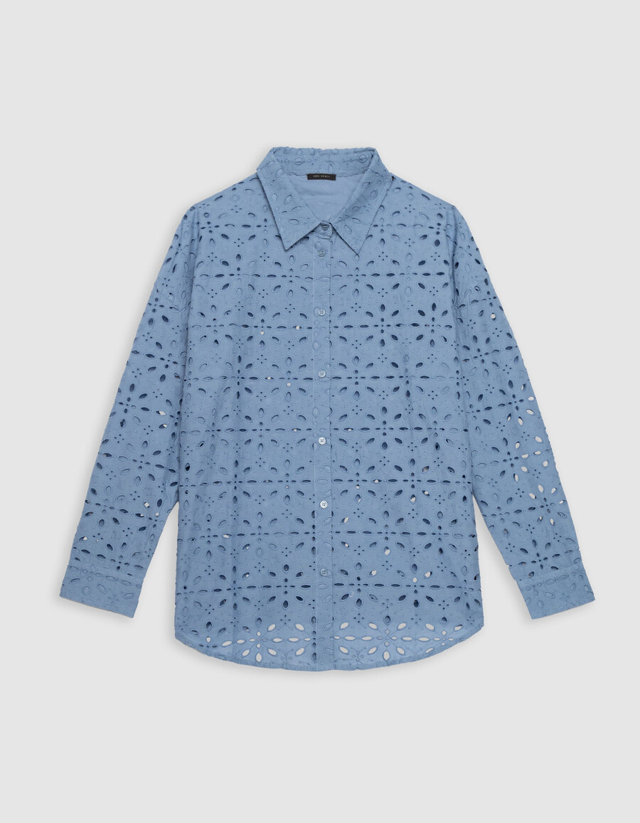 camicia a maniche lunghe con ricamo a occhielli blu da donna