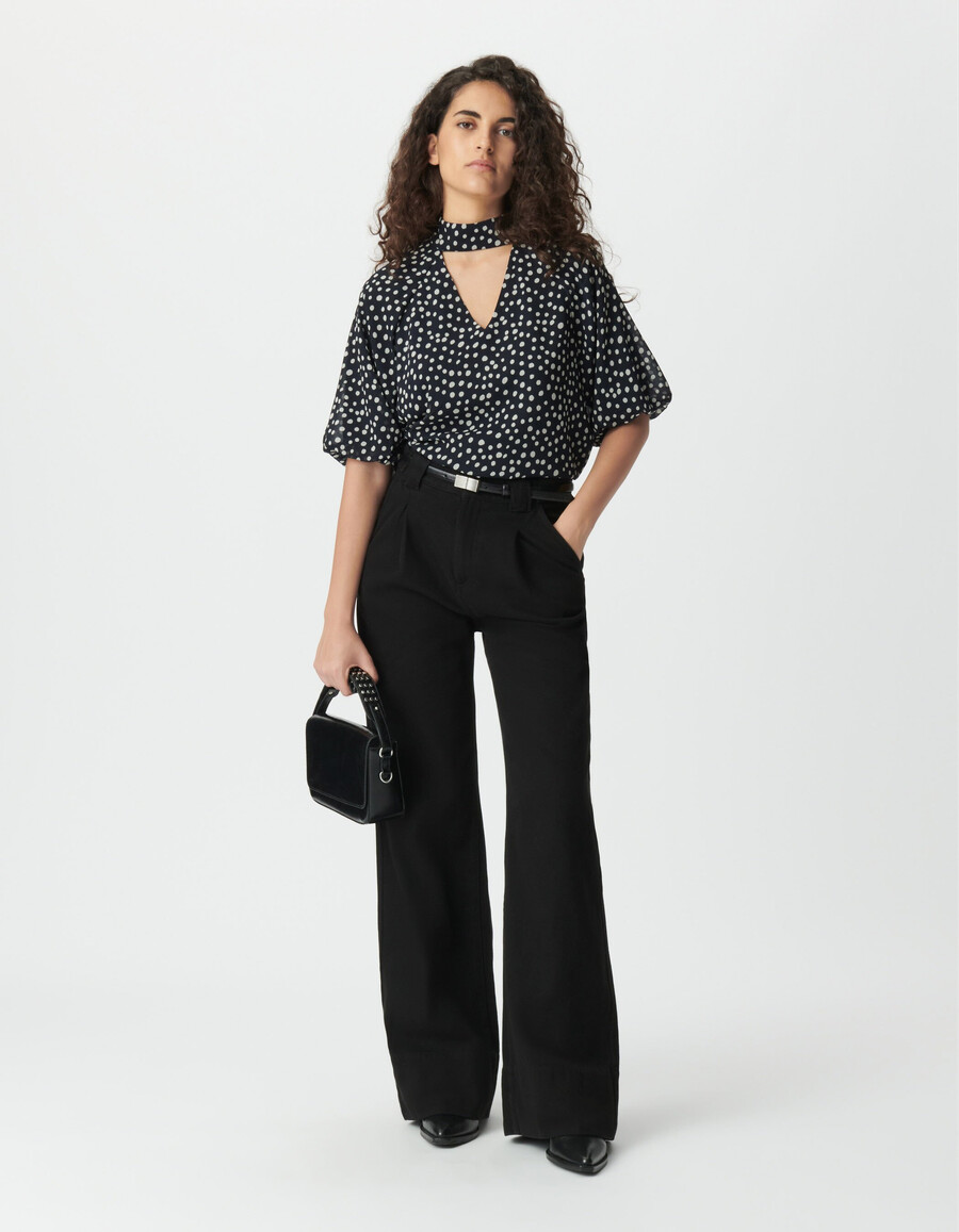 blusa fluida a pois blu navy da donna con maniche a palloncino