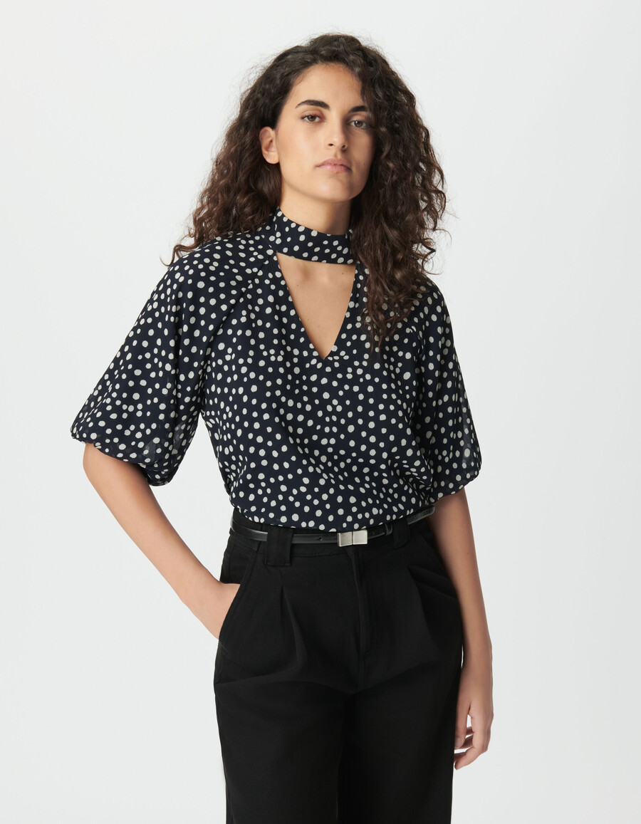 blusa fluida a pois blu navy da donna con maniche a palloncino