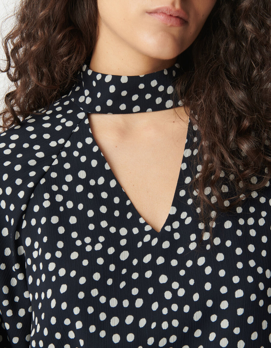blusa fluida a pois blu navy da donna con maniche a palloncino