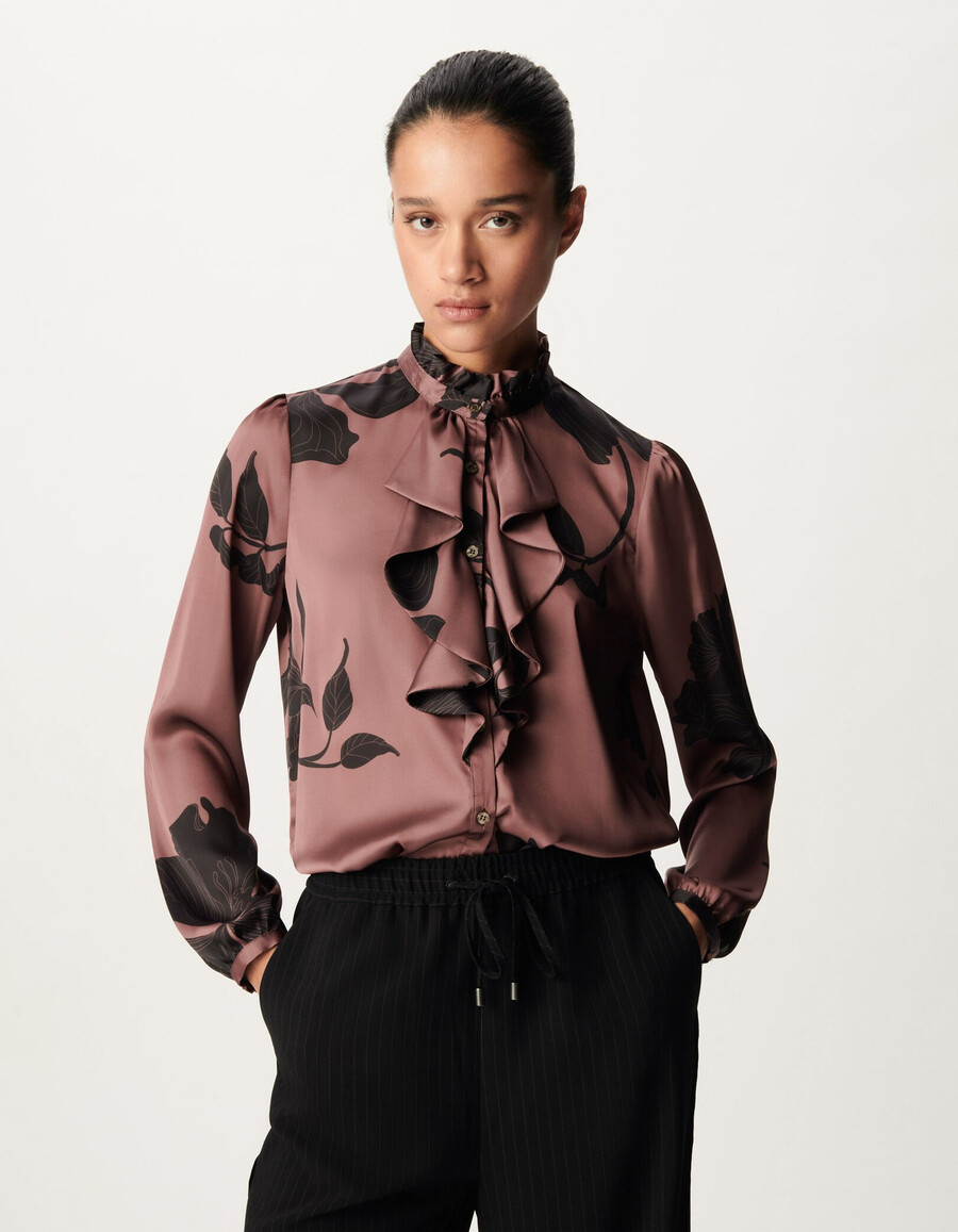 camicia da donna con stampa floreale bordeaux e maxi volant