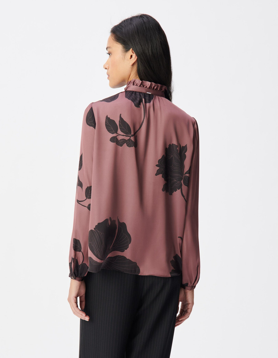 camicia da donna con stampa floreale bordeaux e maxi volant