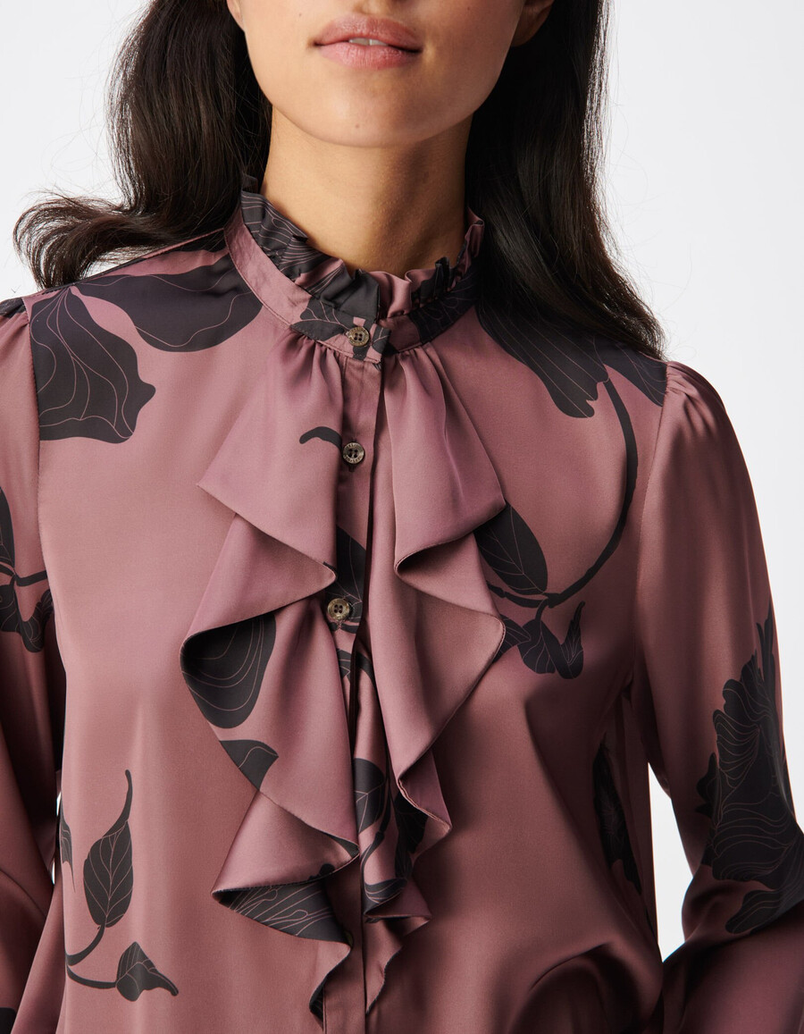 camicia da donna con stampa floreale bordeaux e maxi volant