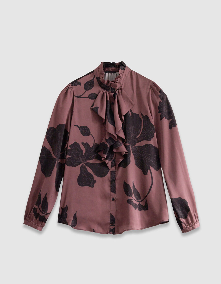 camicia da donna con stampa floreale bordeaux e maxi volant
