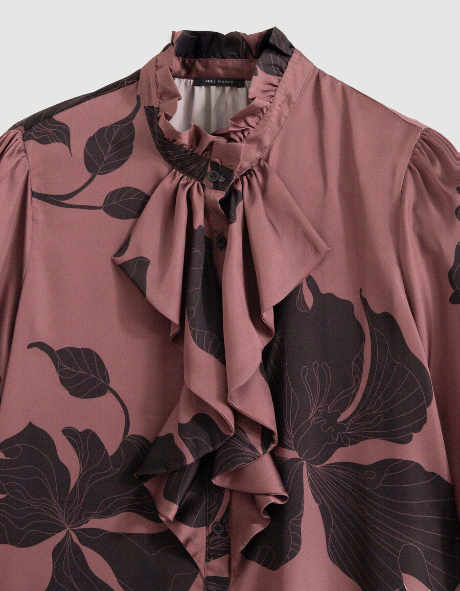 camicia da donna con stampa floreale bordeaux e maxi volant