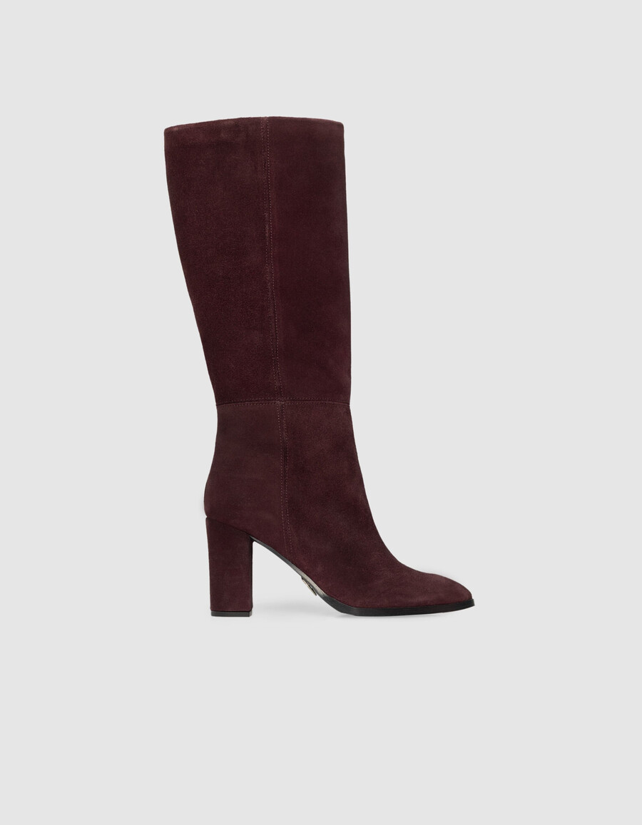 stivali con tacco in pelle scamosciata bordeaux da donna