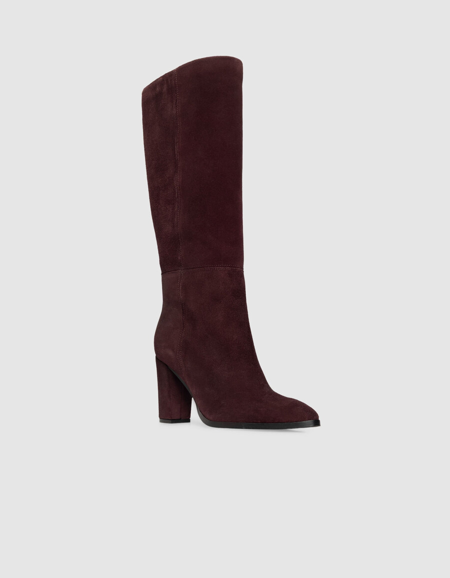 stivali con tacco in pelle scamosciata bordeaux da donna