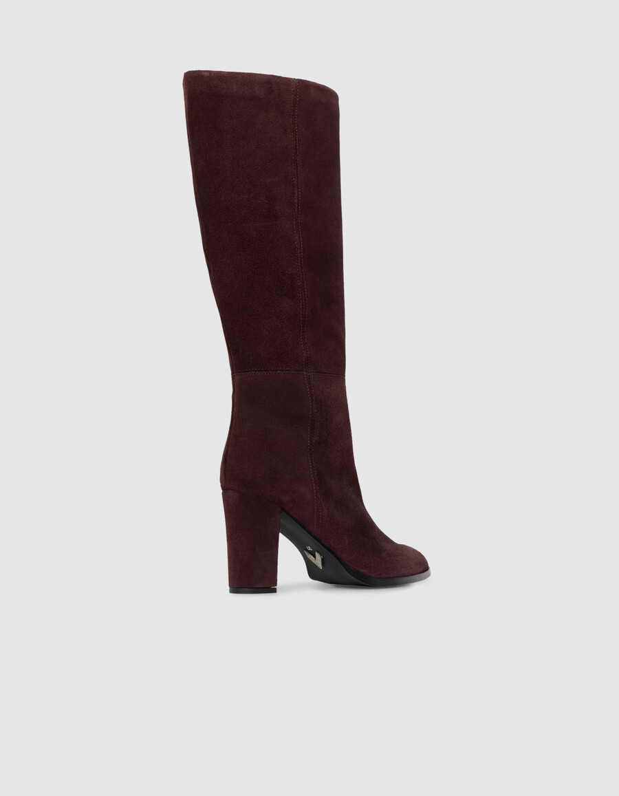 stivali con tacco in pelle scamosciata bordeaux da donna