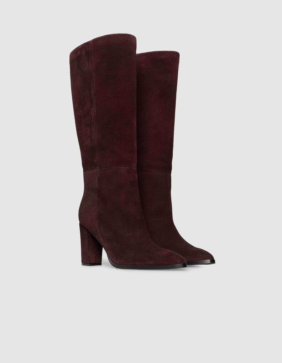 stivali con tacco in pelle scamosciata bordeaux da donna