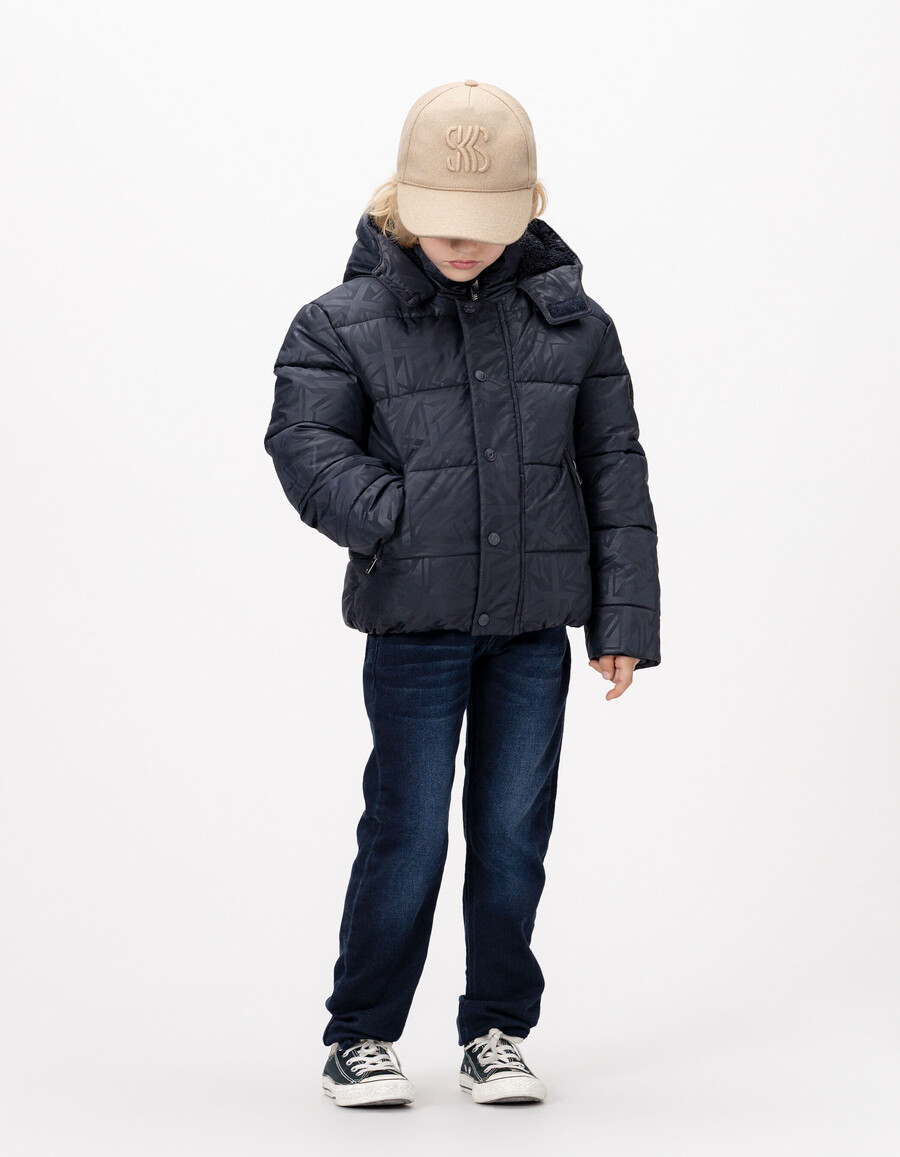 giacca imbottita blu navy da bambino con cappuccio foderato in pelliccia grafica