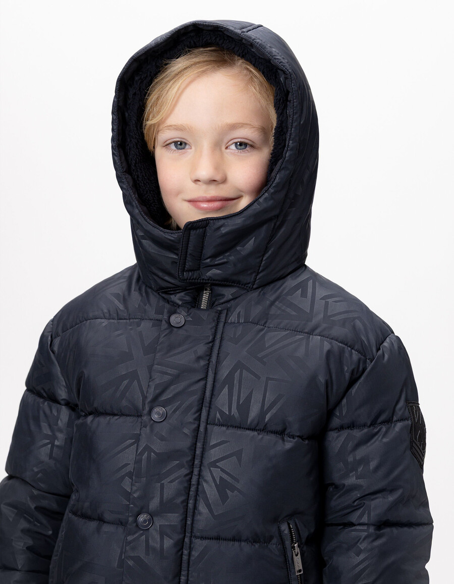giacca imbottita blu navy da bambino con cappuccio foderato in pelliccia grafica
