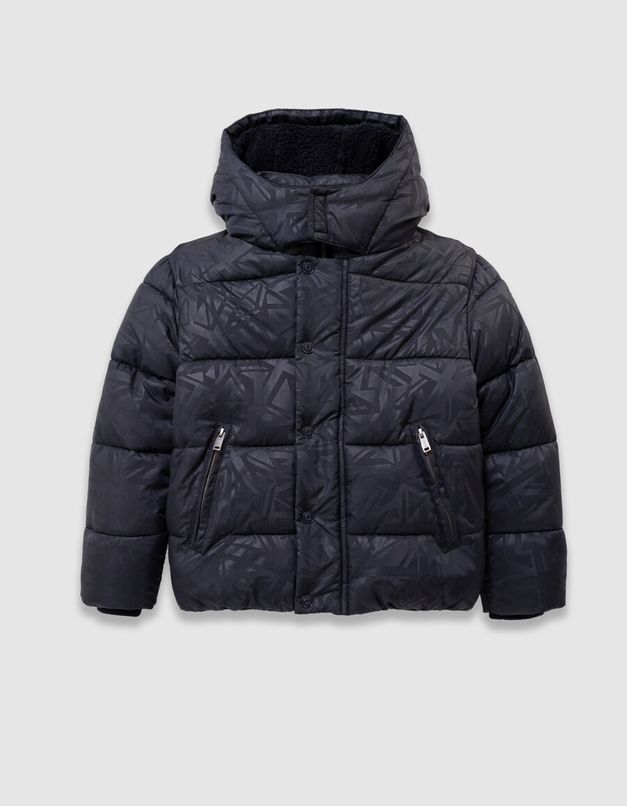 giacca imbottita blu navy da bambino con cappuccio foderato in pelliccia grafica