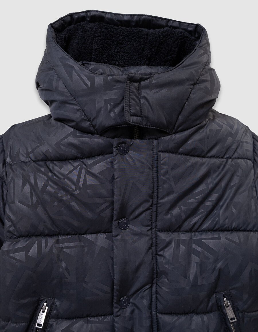 giacca imbottita blu navy da bambino con cappuccio foderato in pelliccia grafica