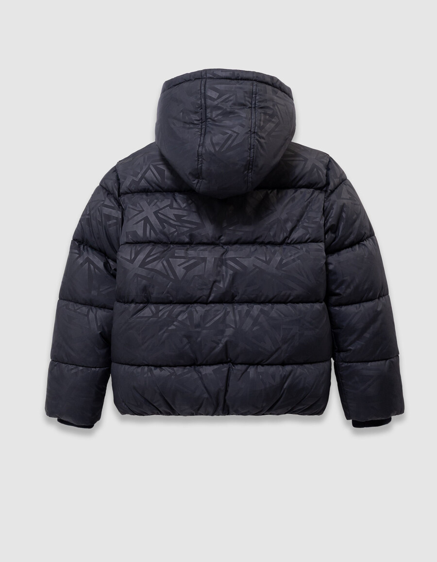 giacca imbottita blu navy da bambino con cappuccio foderato in pelliccia grafica