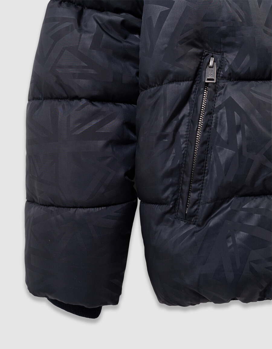giacca imbottita blu navy da bambino con cappuccio foderato in pelliccia grafica