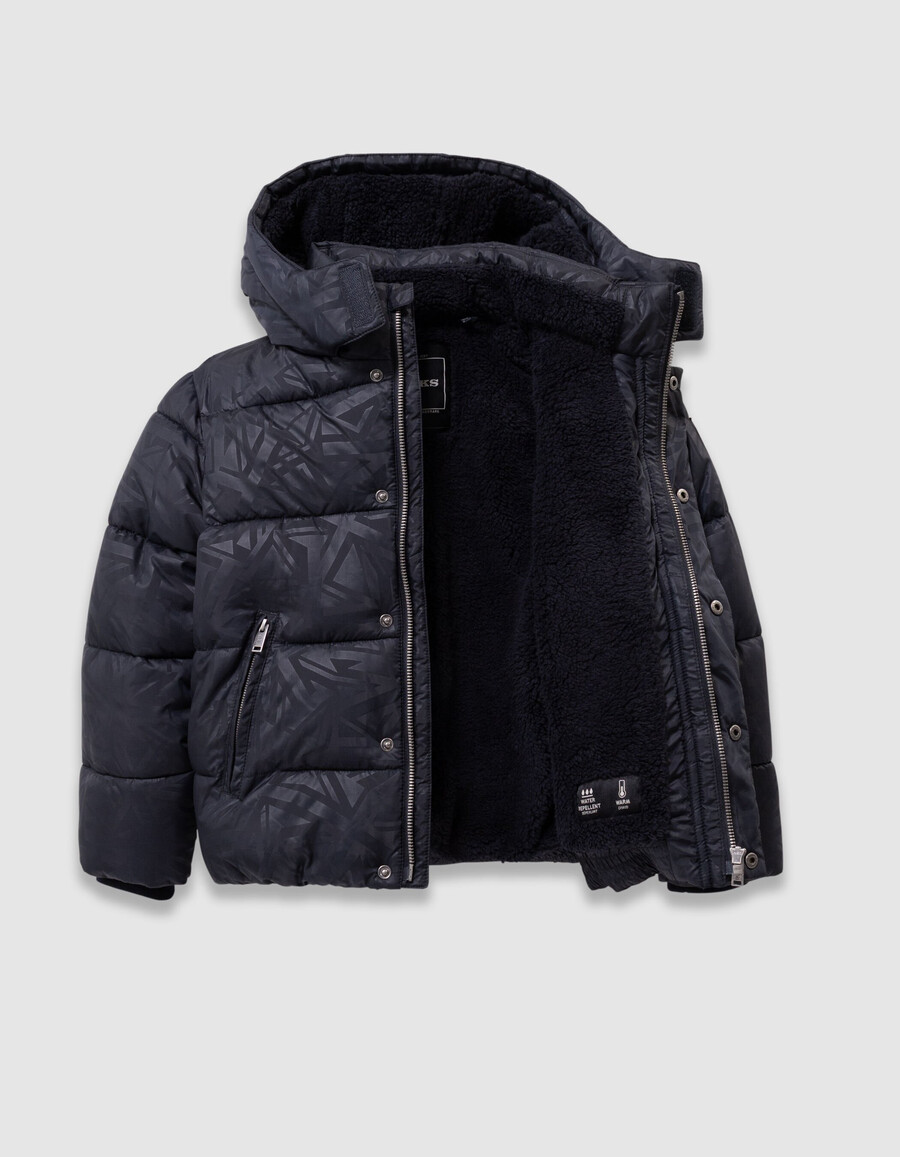 giacca imbottita blu navy da bambino con cappuccio foderato in pelliccia grafica