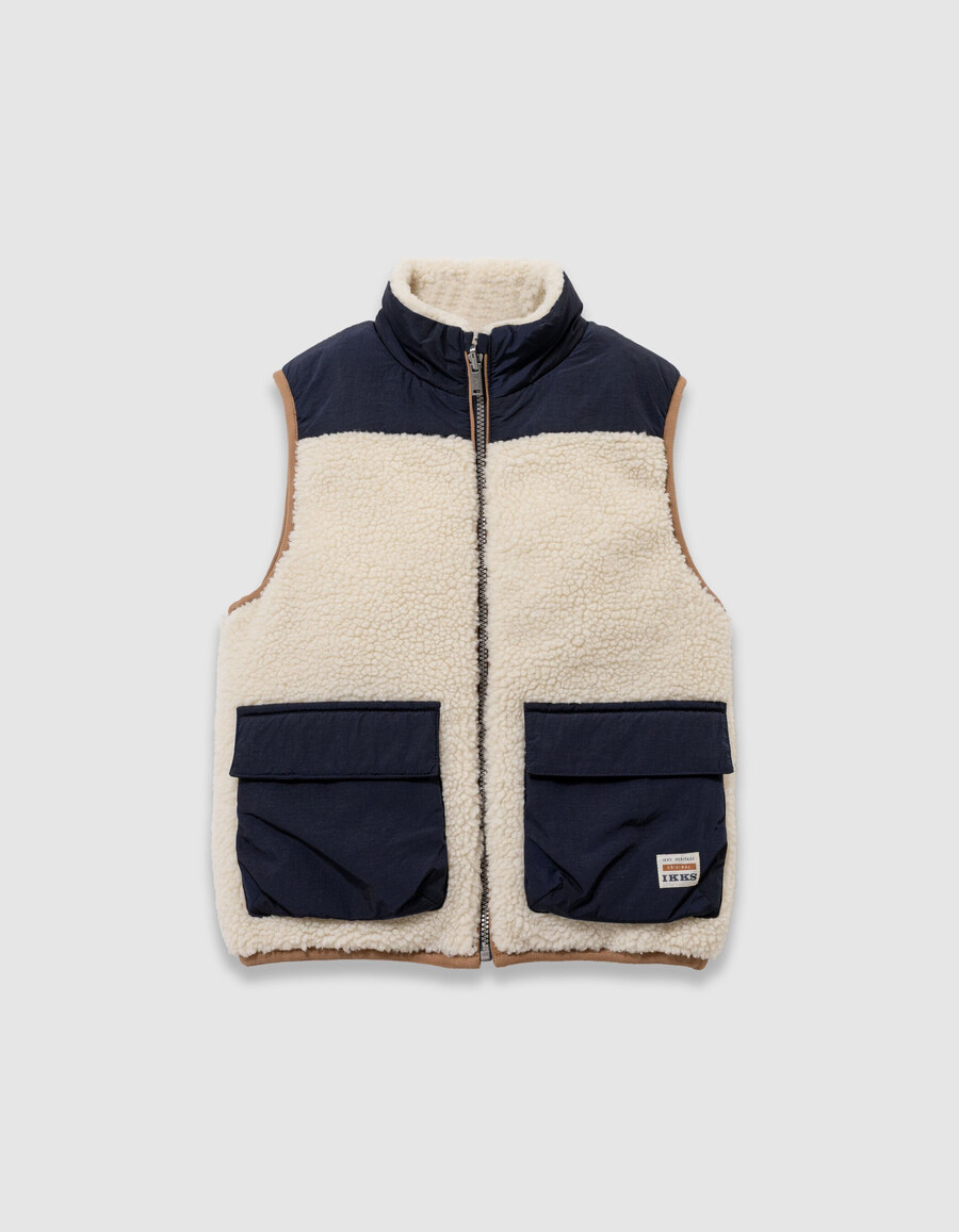 giacca imbottita reversibile senza maniche color écru e blu navy per bambini