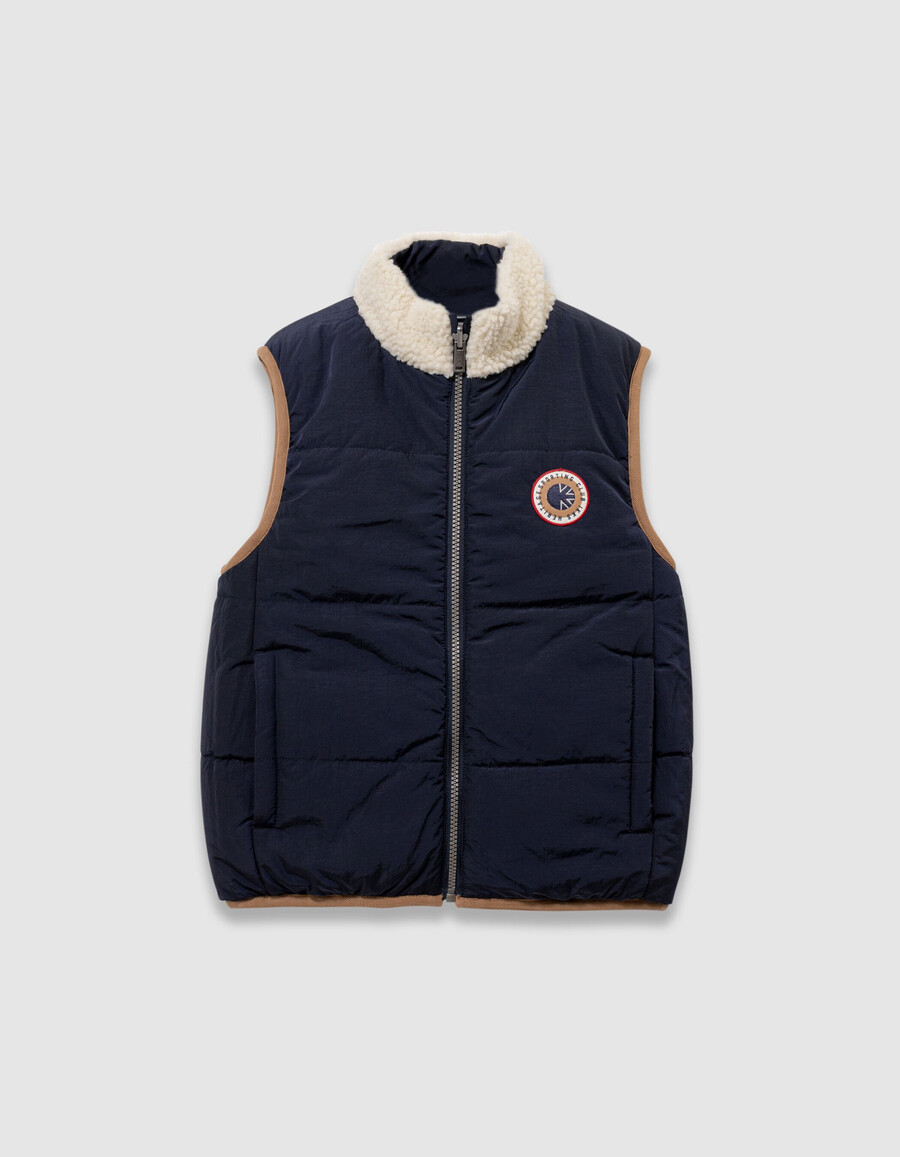 giacca imbottita reversibile senza maniche color écru e blu navy per bambini