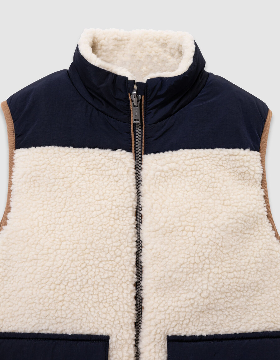 giacca imbottita reversibile senza maniche color écru e blu navy per bambini