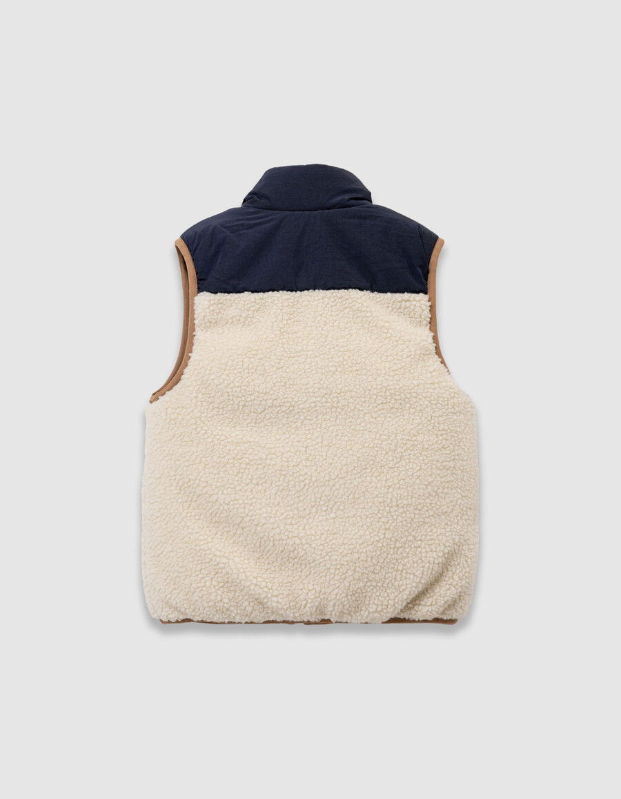 giacca imbottita reversibile senza maniche color écru e blu navy per bambini