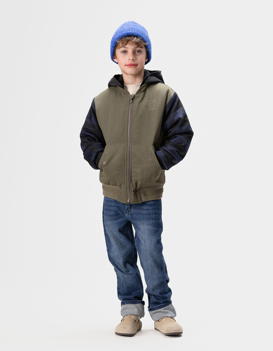 giacca stile bomber con maniche a quadri color cachi per ragazzi