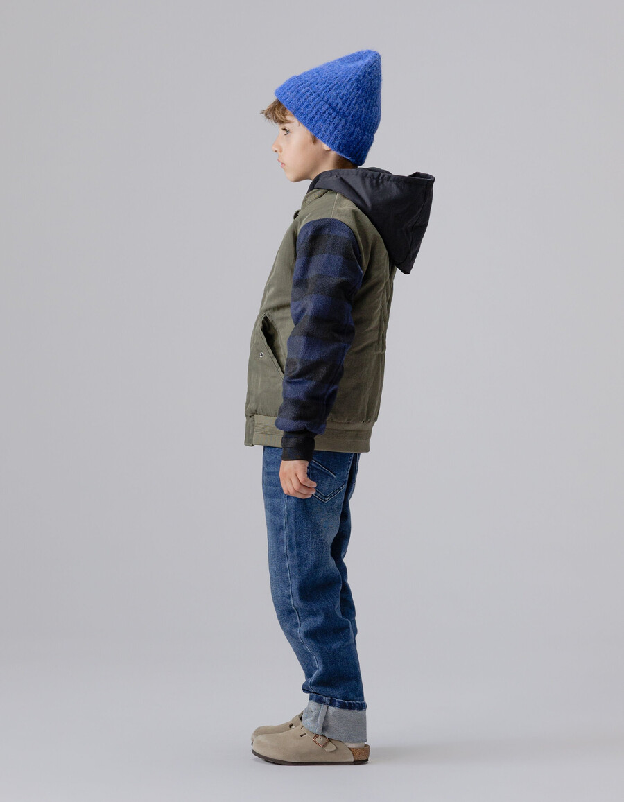 giacca stile bomber con maniche a quadri color cachi per ragazzi