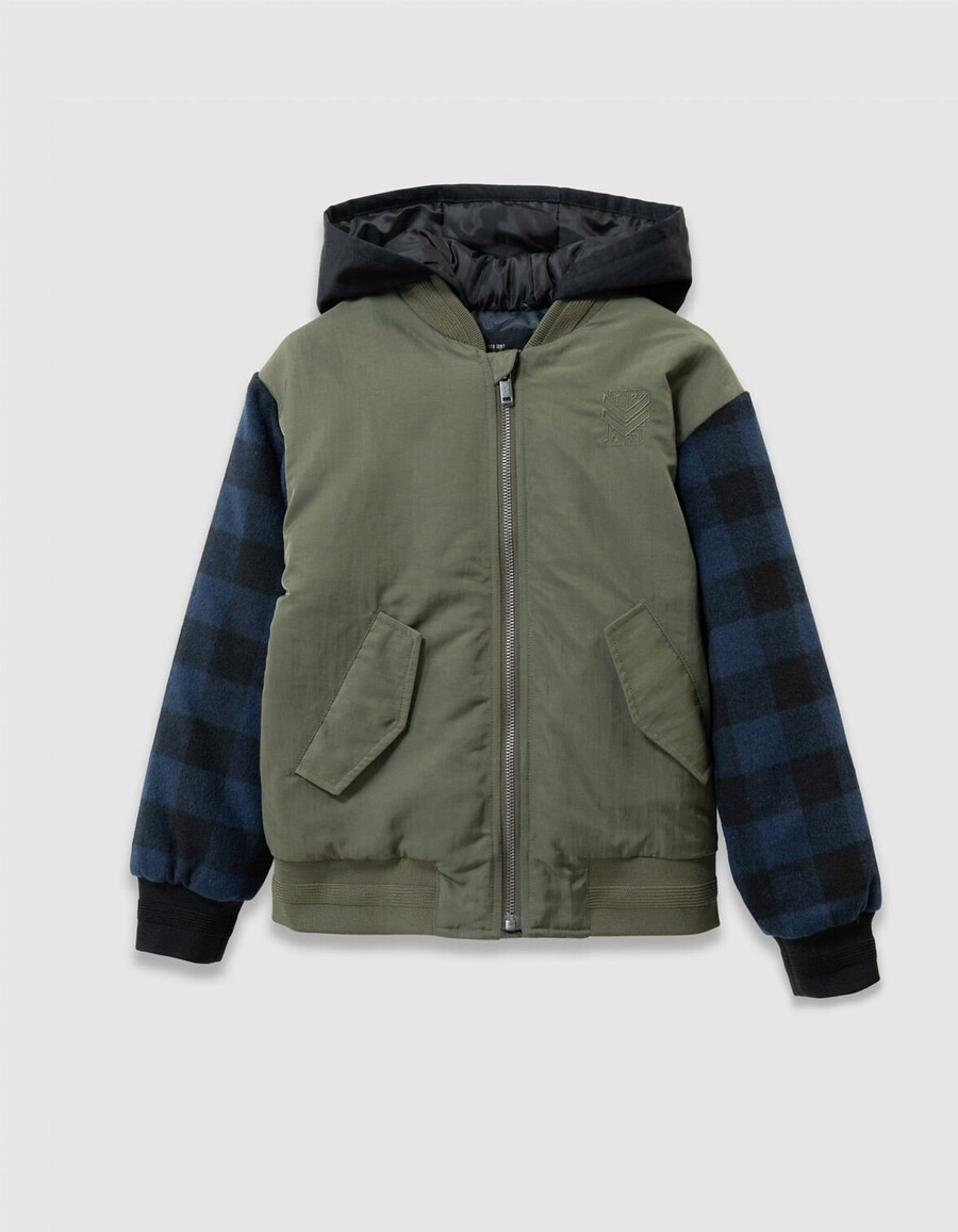 giacca stile bomber con maniche a quadri color cachi per ragazzi