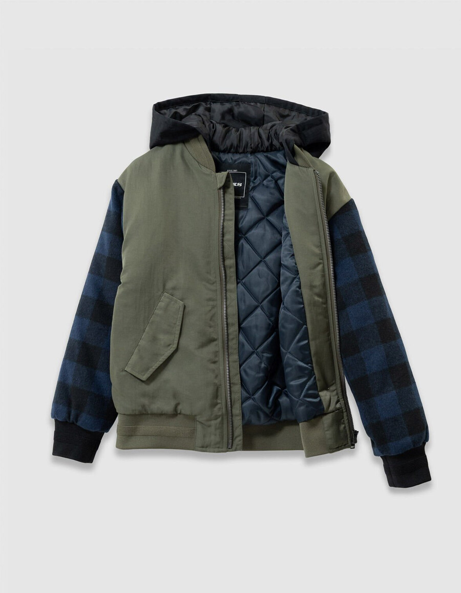 giacca stile bomber con maniche a quadri color cachi per ragazzi
