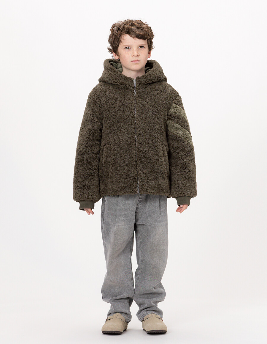 giacca imbottita reversibile trapuntatasherpa color cachi per bambini
