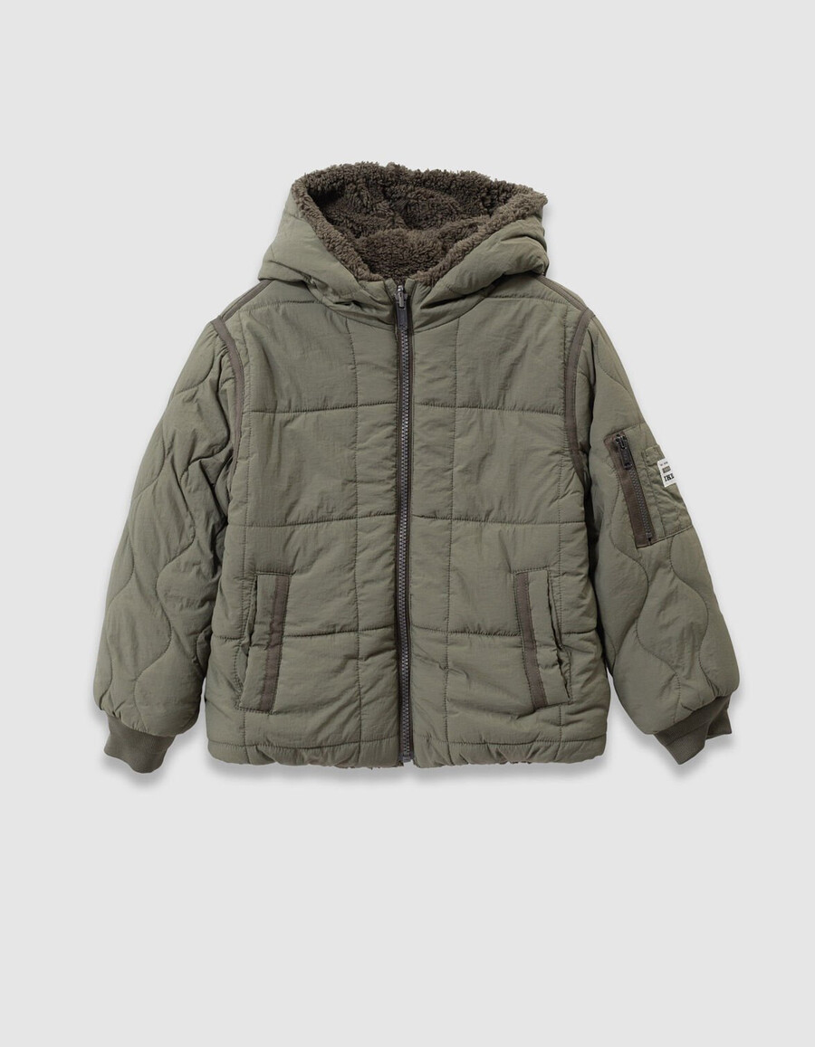 giacca imbottita reversibile trapuntatasherpa color cachi per bambini