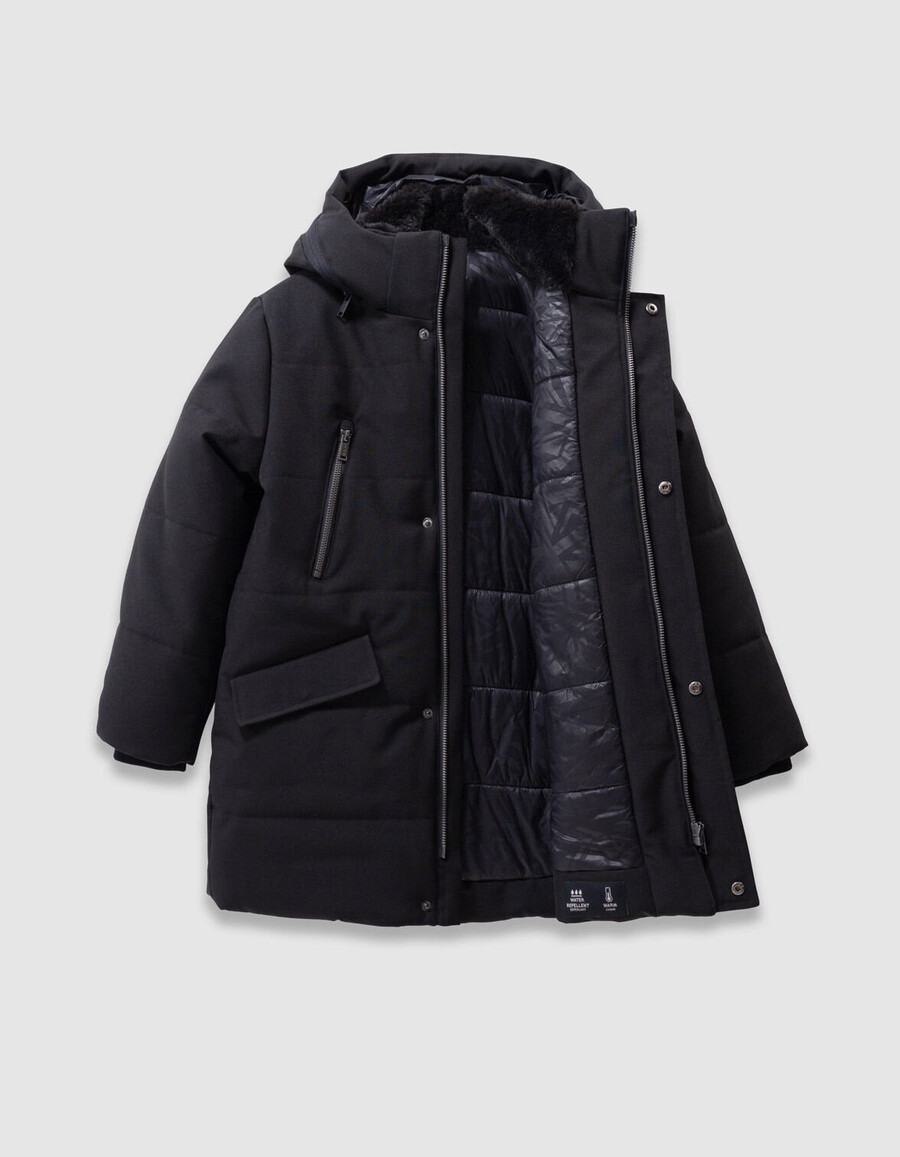 parka trapuntato con cappuccio e cerniera nero da bambino