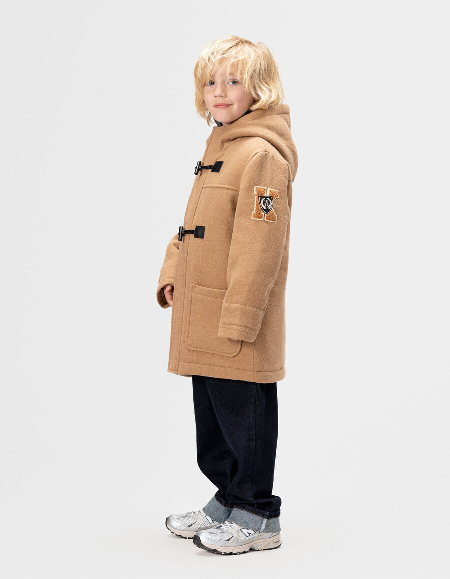 cappotto con cappuccio in stile montgomery in lana beige per ragazzi