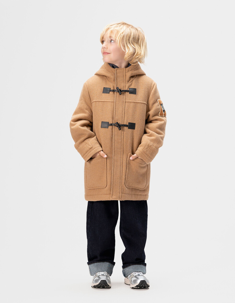 cappotto con cappuccio in stile montgomery in lana beige per ragazzi