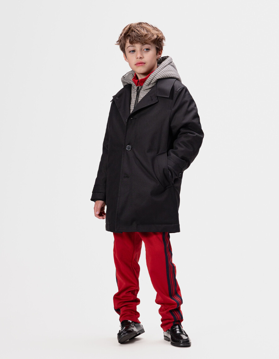 trench nero da bambino con cappuccio a quadri