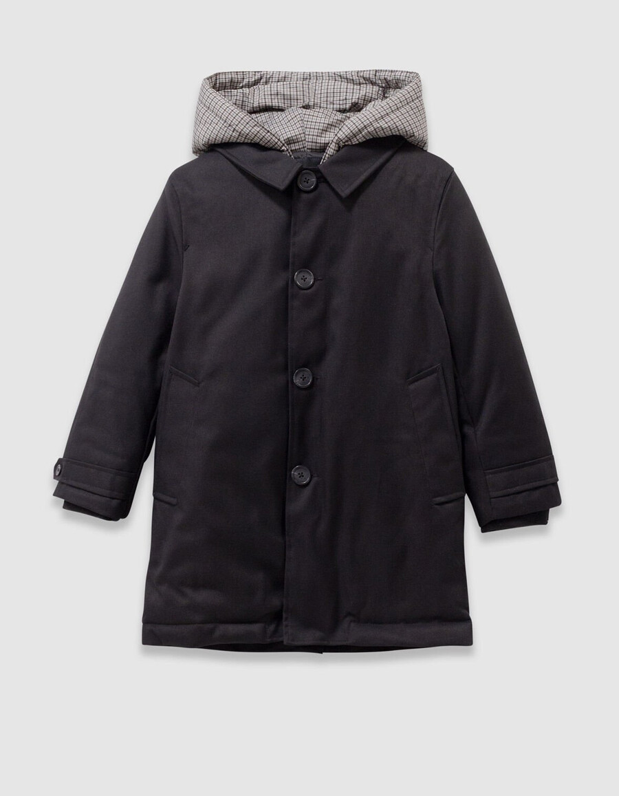 trench nero da bambino con cappuccio a quadri